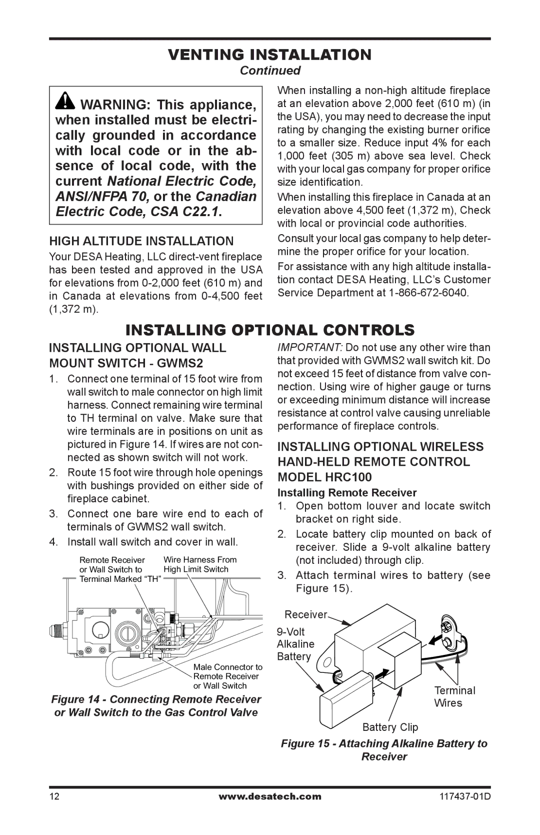 Desa CB36P, CB36N Installing Optional Controls, High Altitude Installation, Installing Optional Wall Mount Switch GWMS2 