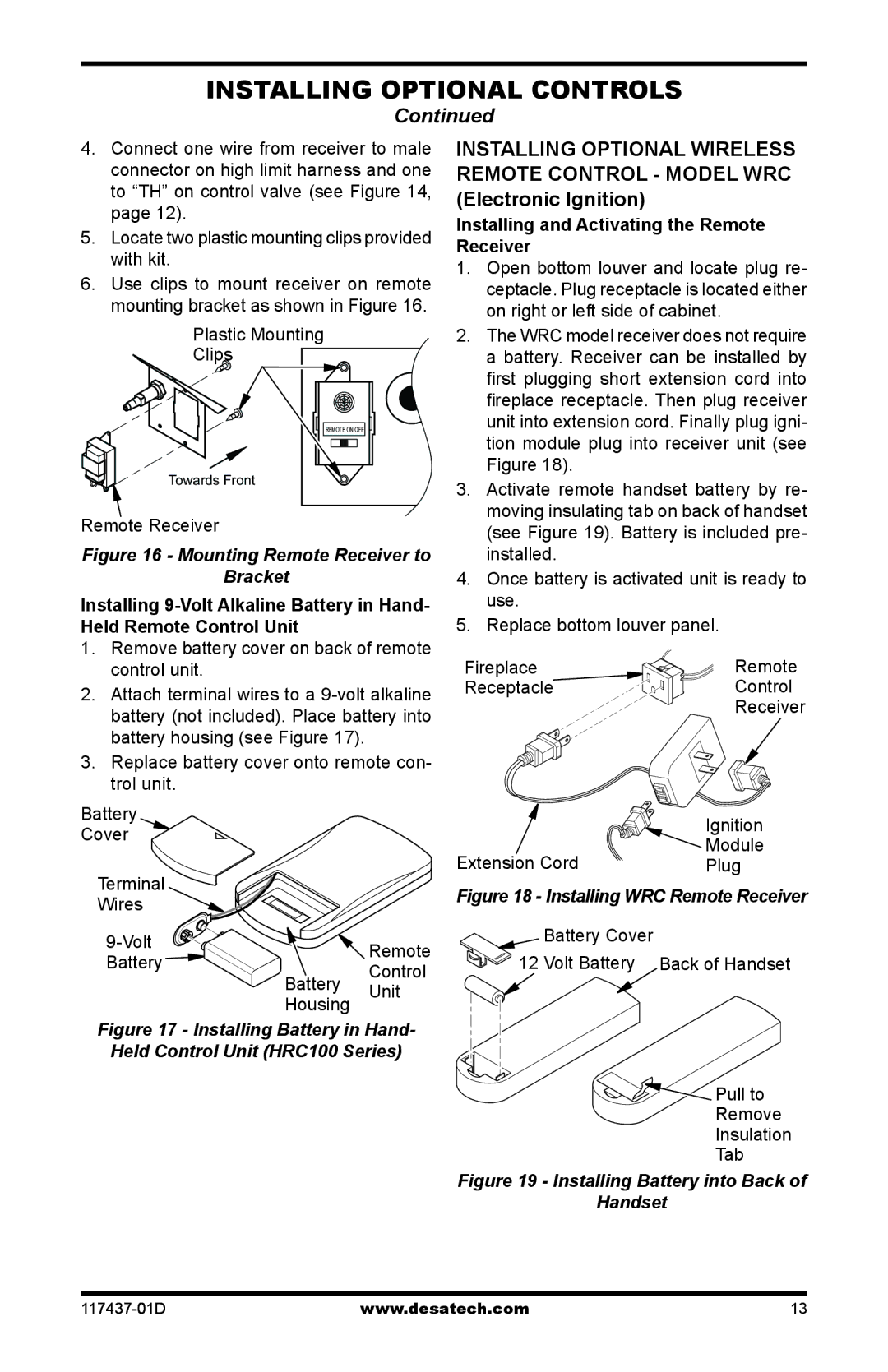 Desa CB36N Plastic Mounting Clips, Installing and Activating the Remote Receiver, Ignition, Extension Cord Module Plug 