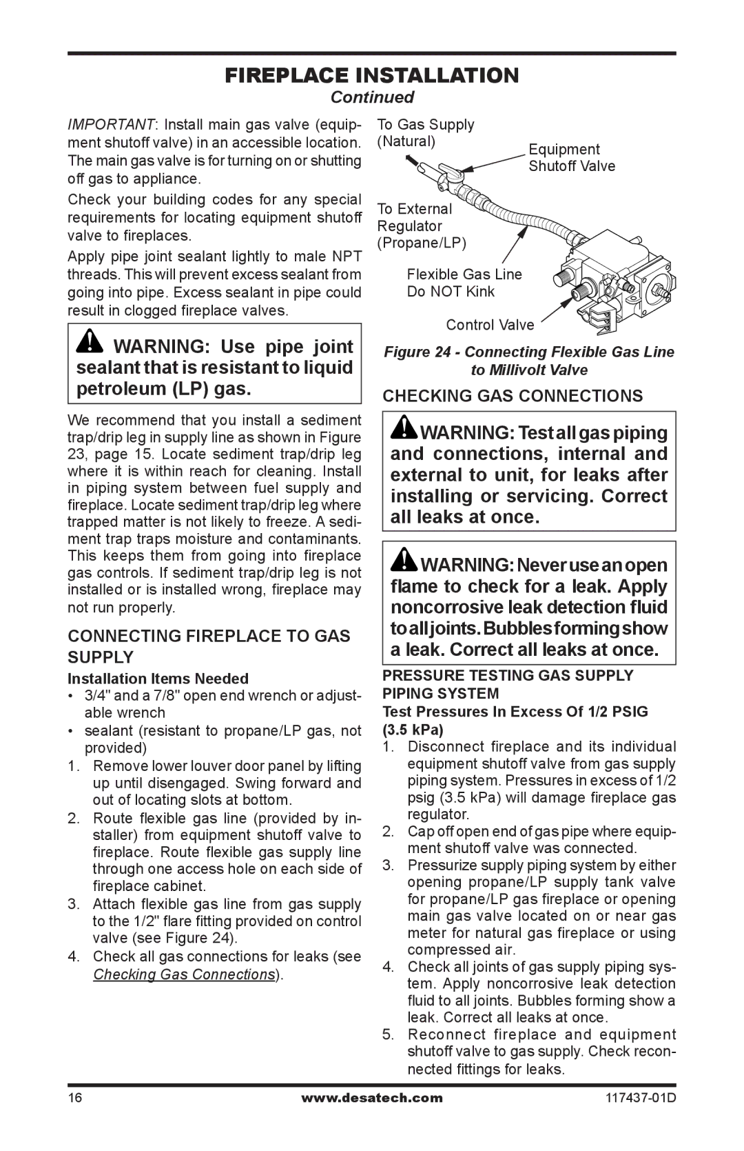 Desa CB36P, CB36N operation manual Connecting Fireplace to GAS Supply, Checking GAS Connections 