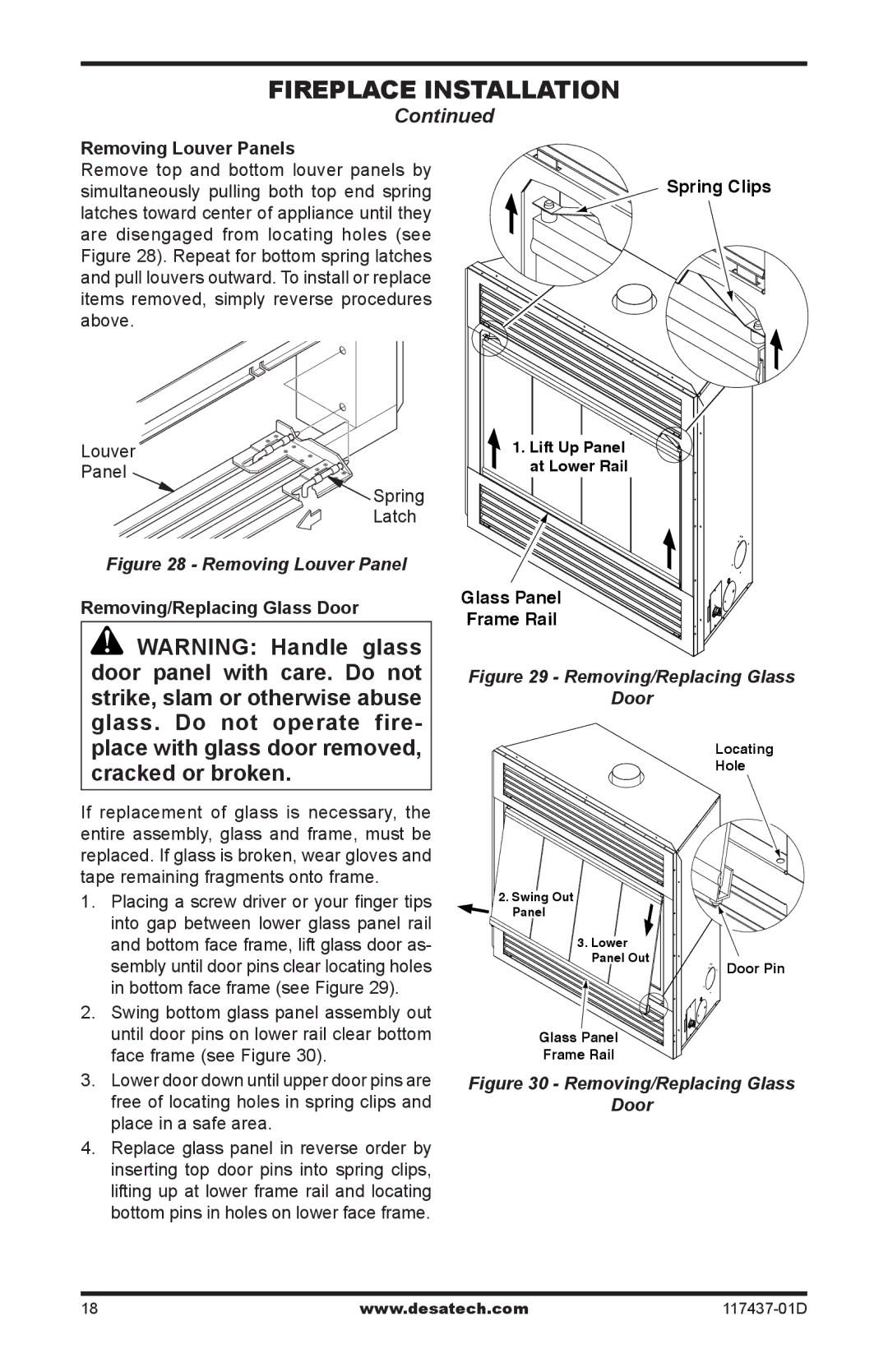 Desa CB36P, CB36N Removing Louver Panels, Spring Clips, Removing/Replacing Glass Door, Glass Panel Frame Rail 