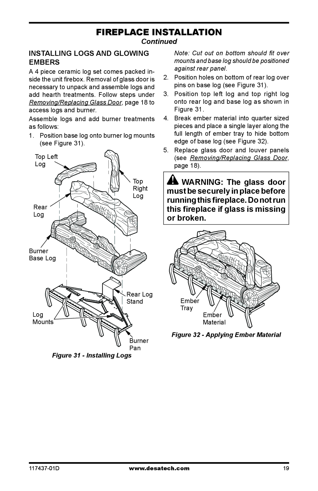 Desa CB36N, CB36P operation manual Installing Logs and Glowing Embers 