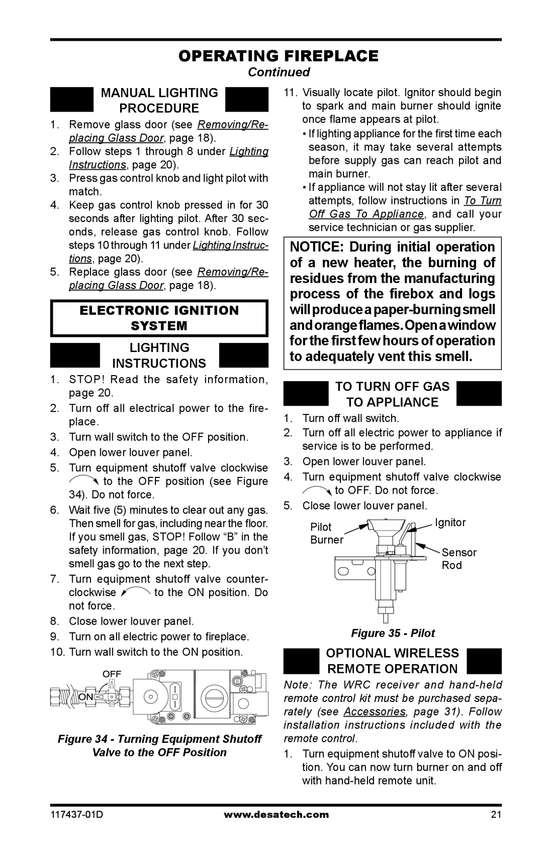 Desa CB36N Manual Lighting Procedure, Electronic Ignition System Lighting Instructions, Optional Wireless Remote Operation 