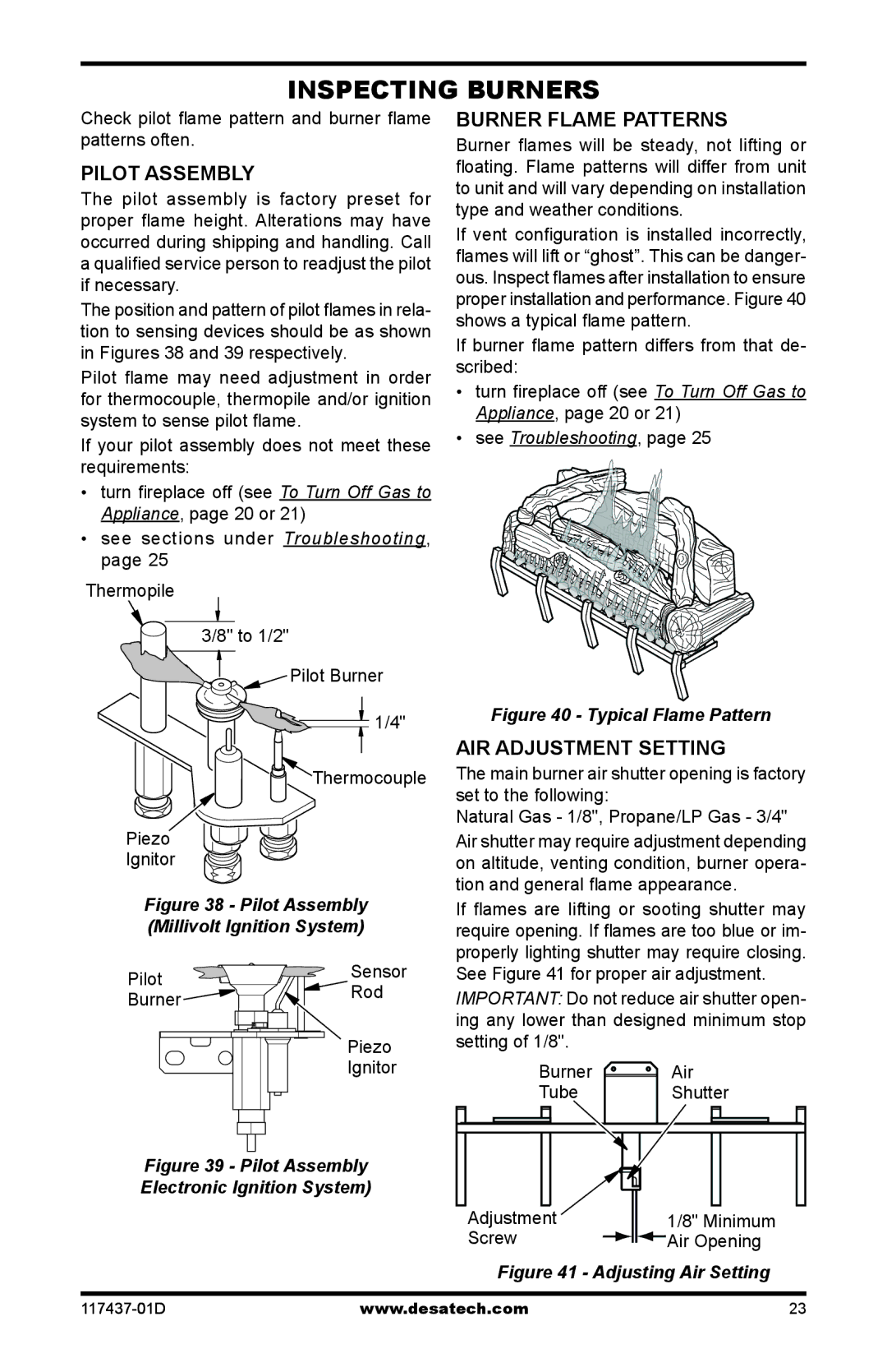 Desa CB36N, CB36P operation manual Inspecting Burners, Pilot Assembly, Burner Flame Patterns, Air Adjustment Setting 