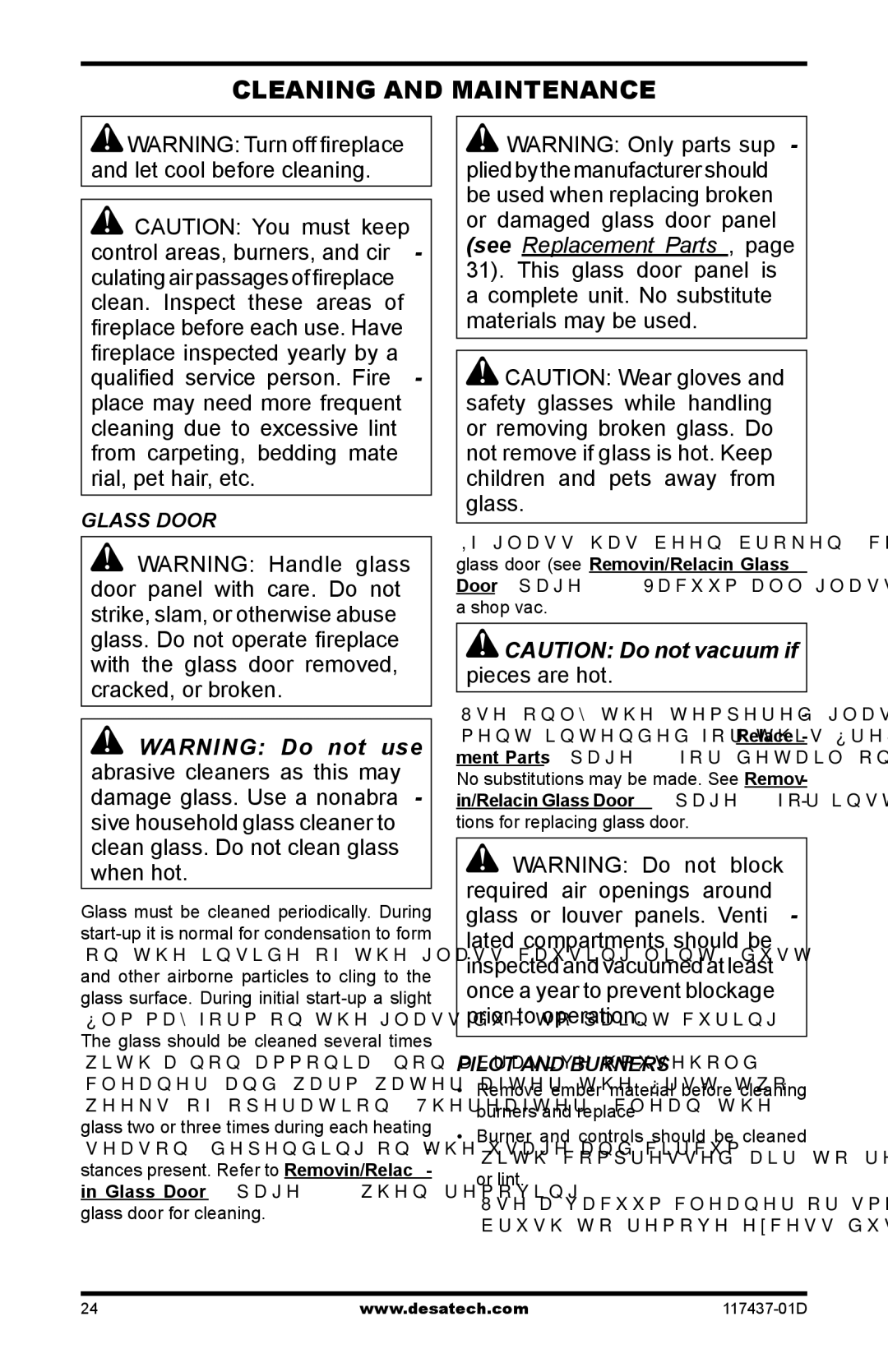 Desa CB36P, CB36N operation manual Cleaning and Maintenance, Glass Door, Pilot and Burners 