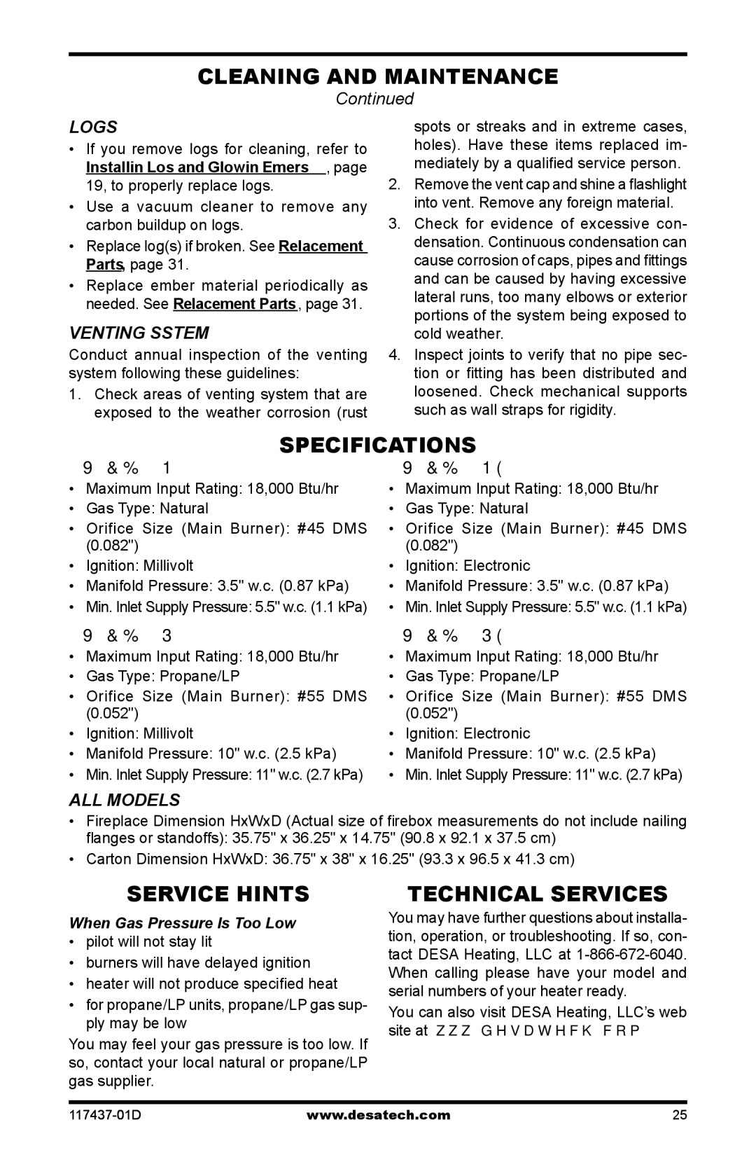 Desa CB36N, CB36P operation manual Specifications, Service Hints, Technical Services 