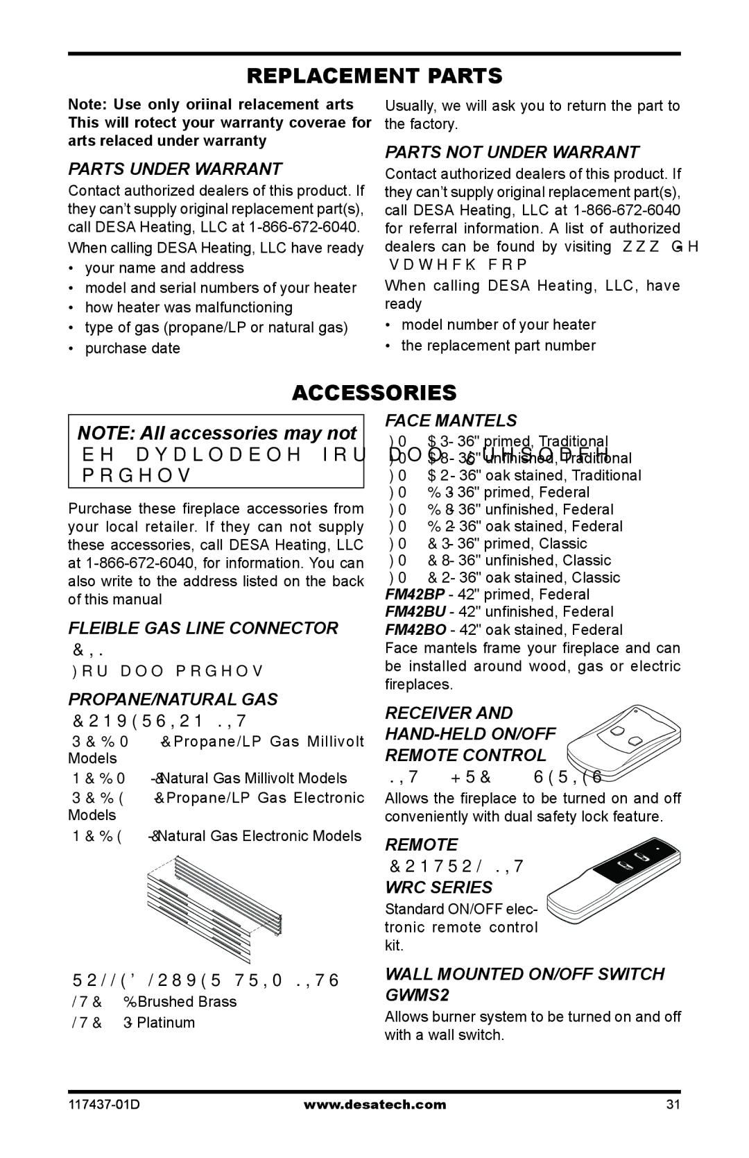 Desa CB36N, CB36P operation manual Replacement Parts, Accessories 