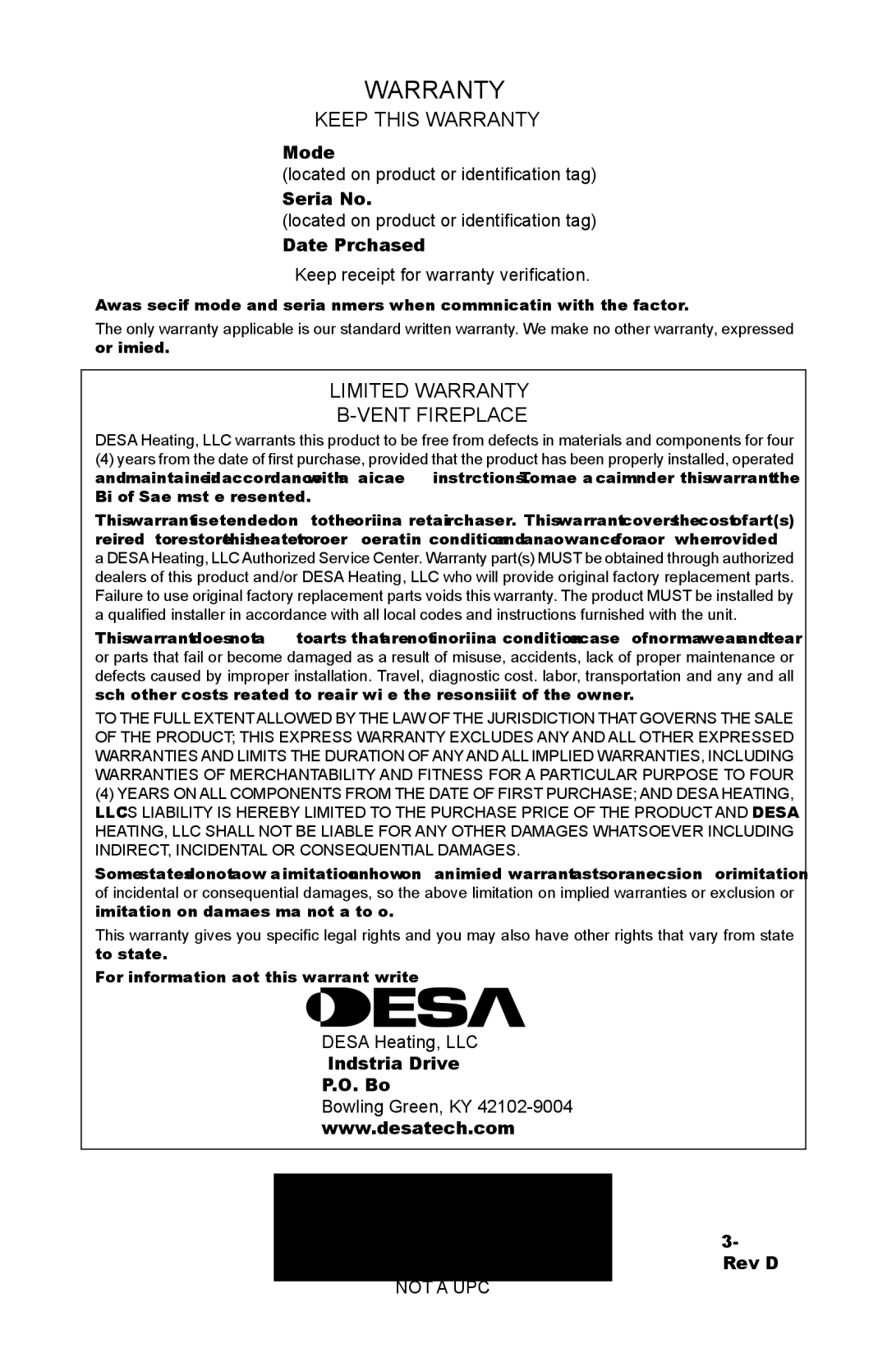 Desa CB36P, CB36N operation manual Keep this Warranty, Limited Warranty Vent Fireplace, 07/07 