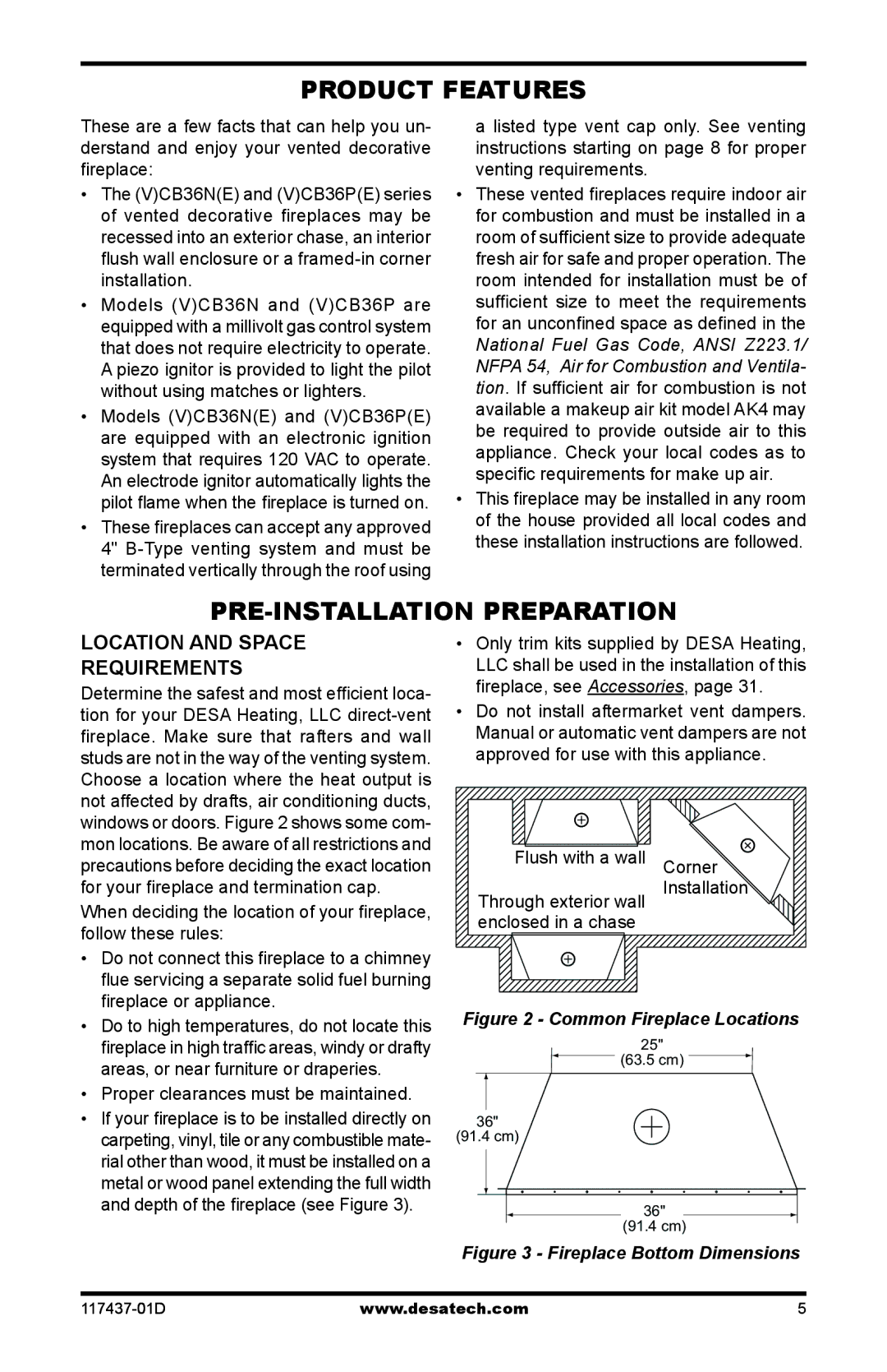 Desa CB36N, CB36P operation manual Product Features, Pre-Installation Preparation, Location and space requirements 