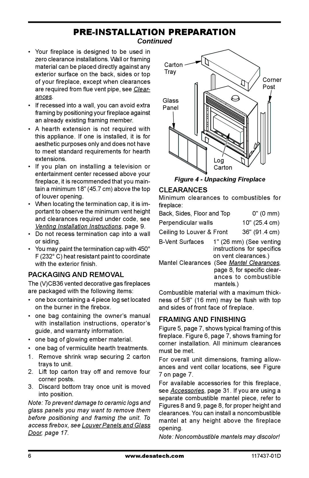 Desa CB36P, CB36N operation manual Packaging and Removal, Clearances, Framing and Finishing, Ceiling to Louver & Front 