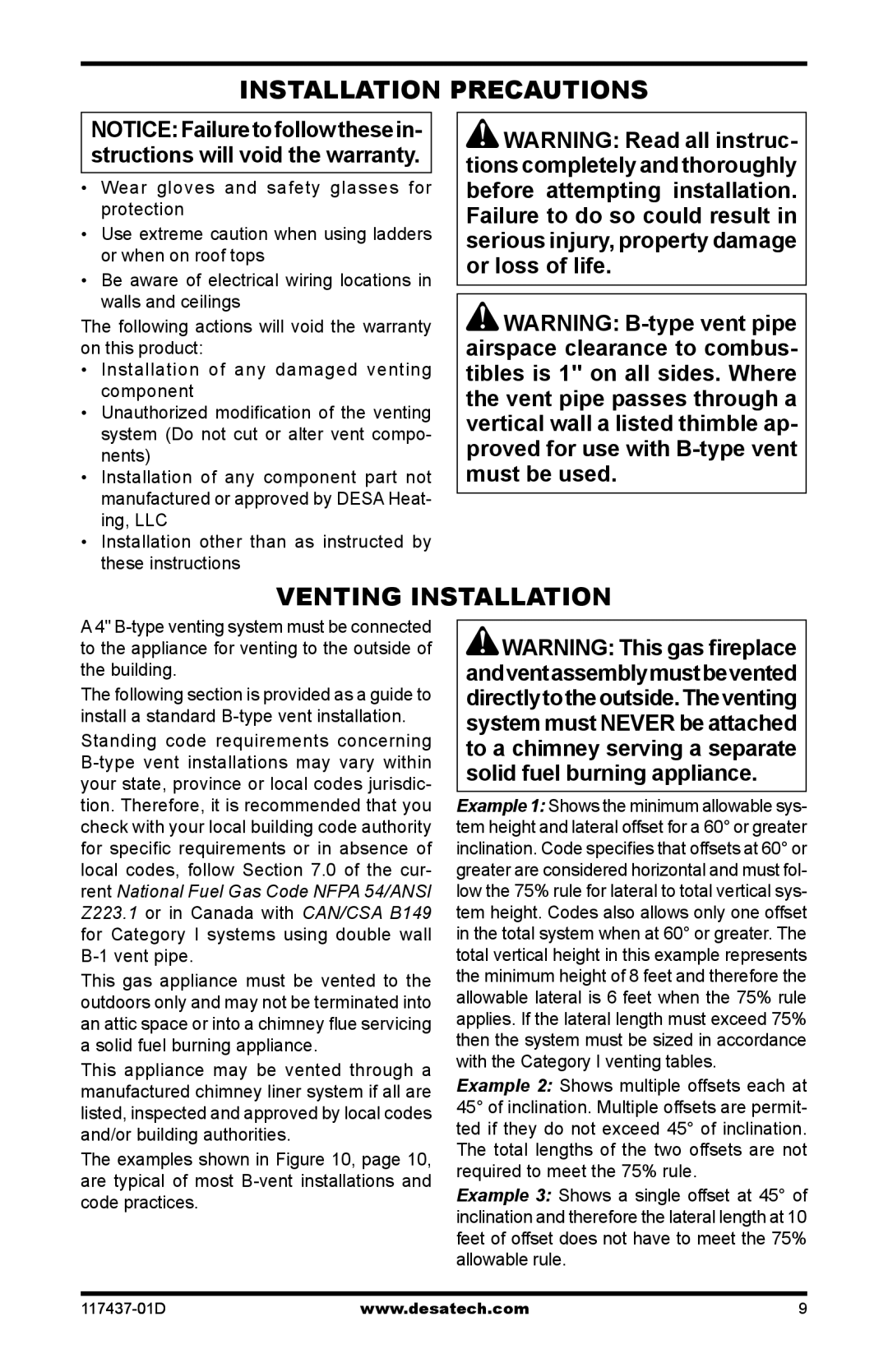 Desa CB36N, CB36P operation manual Installation Precautions, Venting Installation 