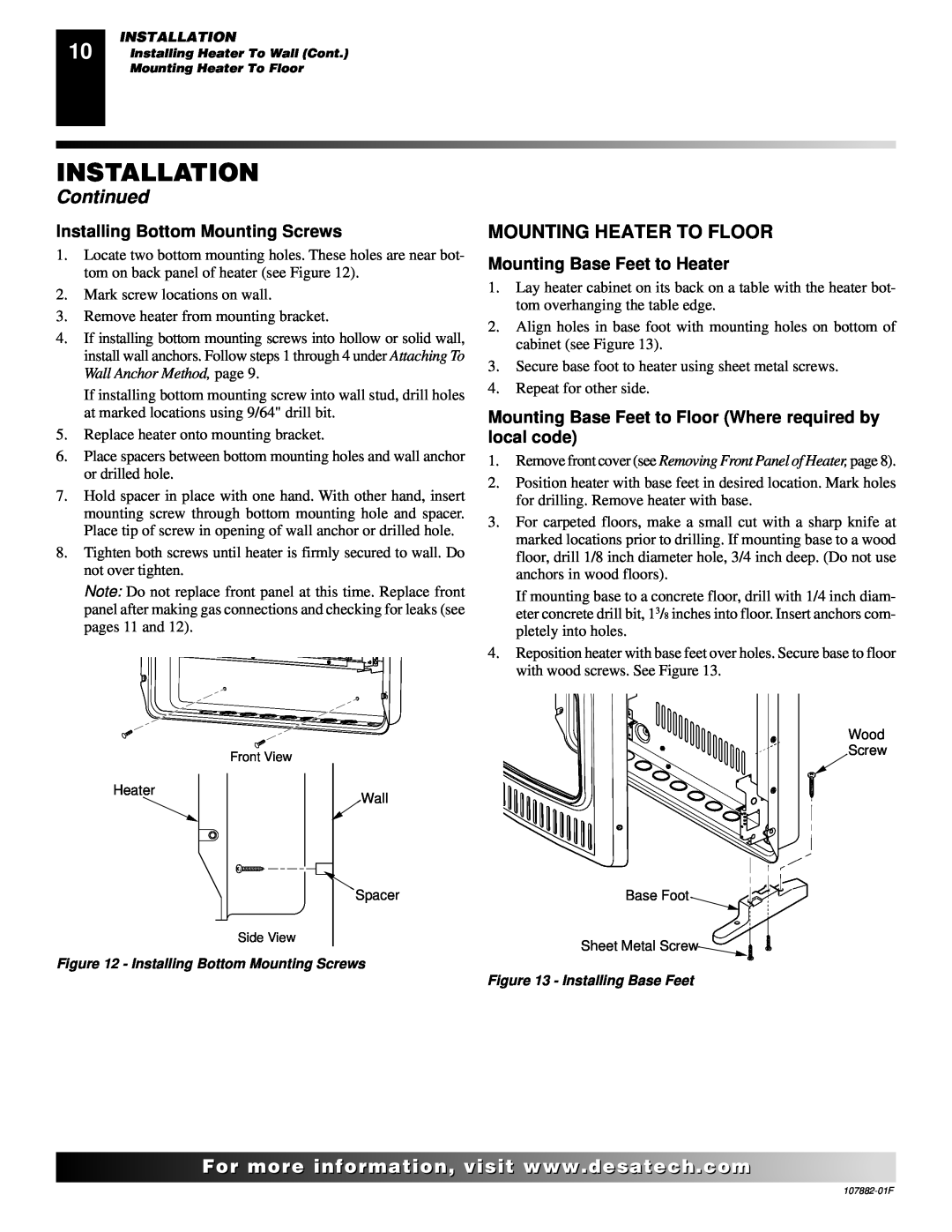 Desa CBN20 installation manual Installation, Continued, Installing Bottom Mounting Screws, Mounting Base Feet to Heater 