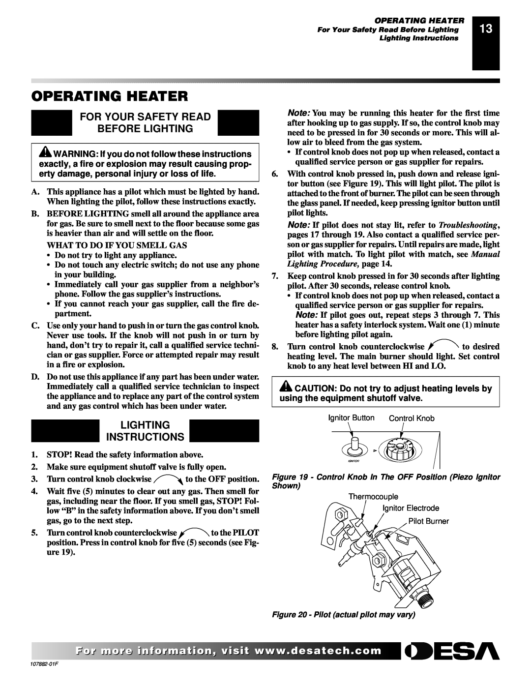 Desa CBN20 installation manual Operating Heater, For Your Safety Read Before Lighting, Lighting Instructions 