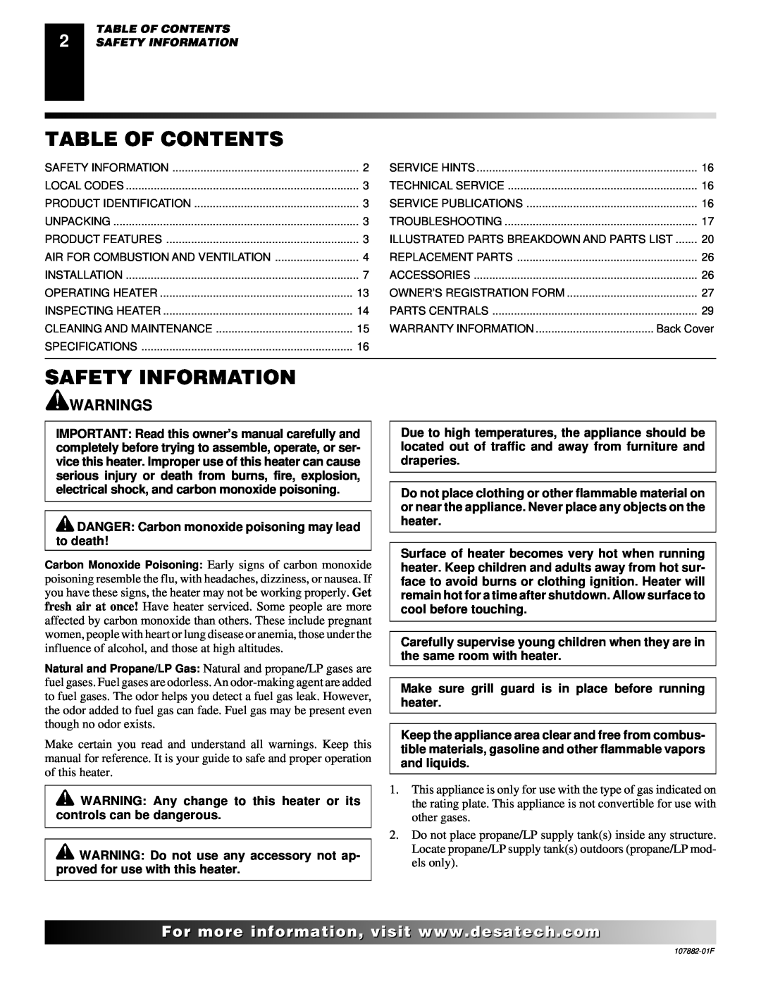 Desa CBN20 installation manual Table Of Contents, Safety Information, Warnings 