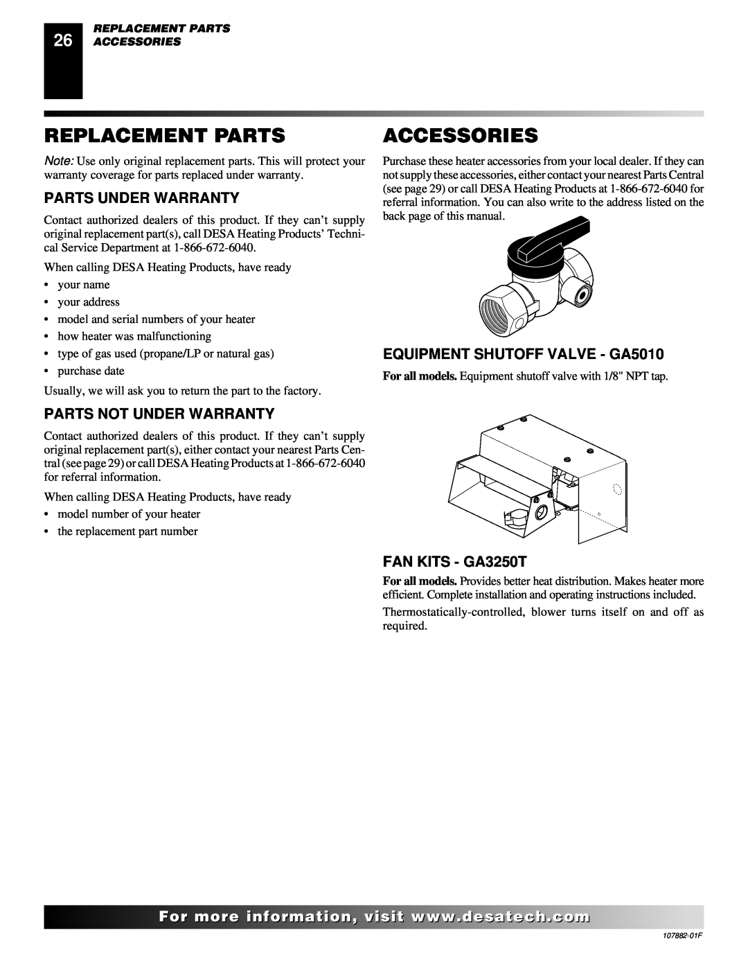 Desa CBN20 Replacement Parts, Accessories, Parts Under Warranty, EQUIPMENT SHUTOFF VALVE - GA5010, FAN KITS - GA3250T 