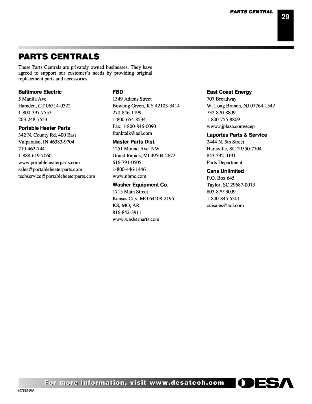 Desa CBN20 Parts Centrals, Baltimore Electric, East Coast Energy, Portable Heater Parts, Laportes Parts & Service 