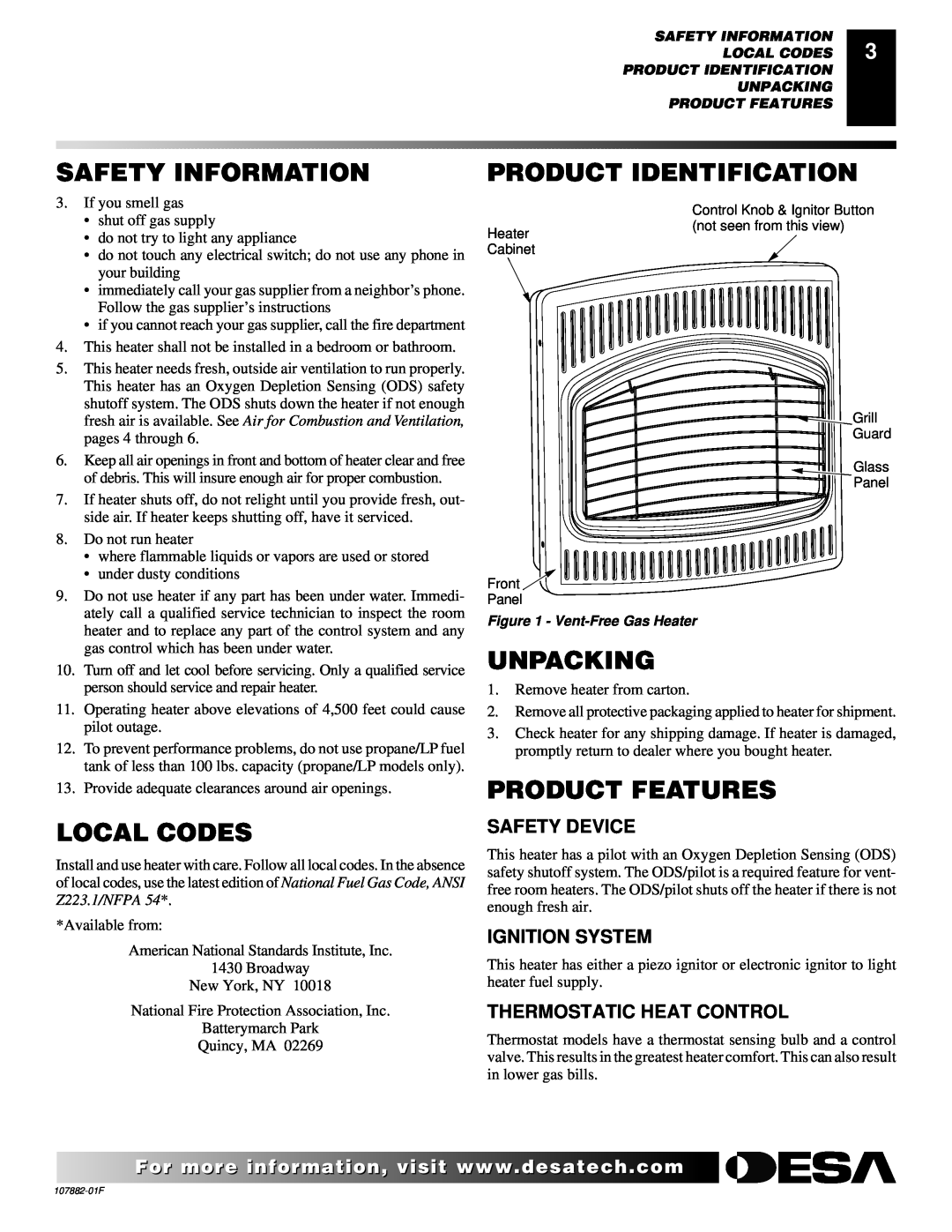 Desa CBN20 installation manual Product Identification, Local Codes, Unpacking, Product Features, Safety Information 