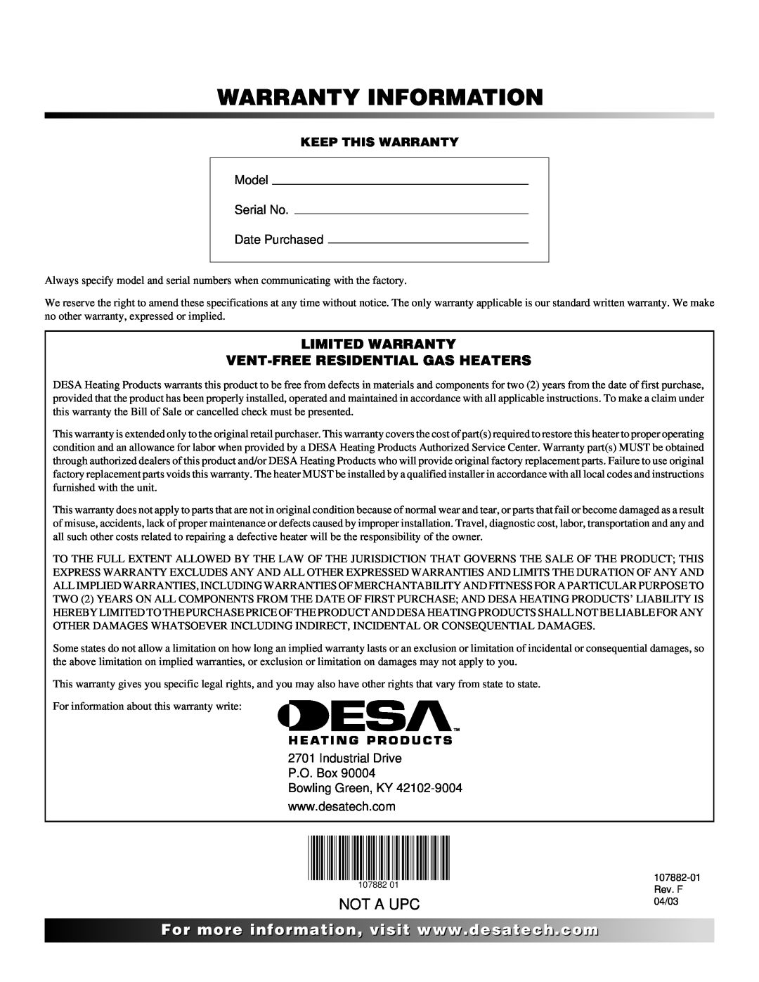 Desa CBN20 installation manual Not A Upc, Warranty Information, Limited Warranty Vent-Freeresidential Gas Heaters 
