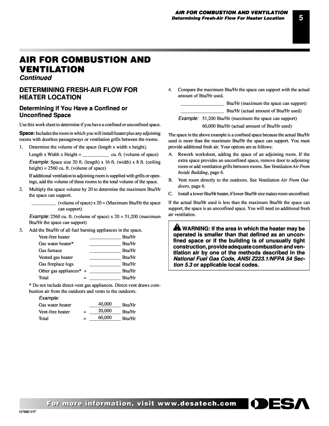 Desa CBN20 installation manual Continued, Air For Combustion And Ventilation 