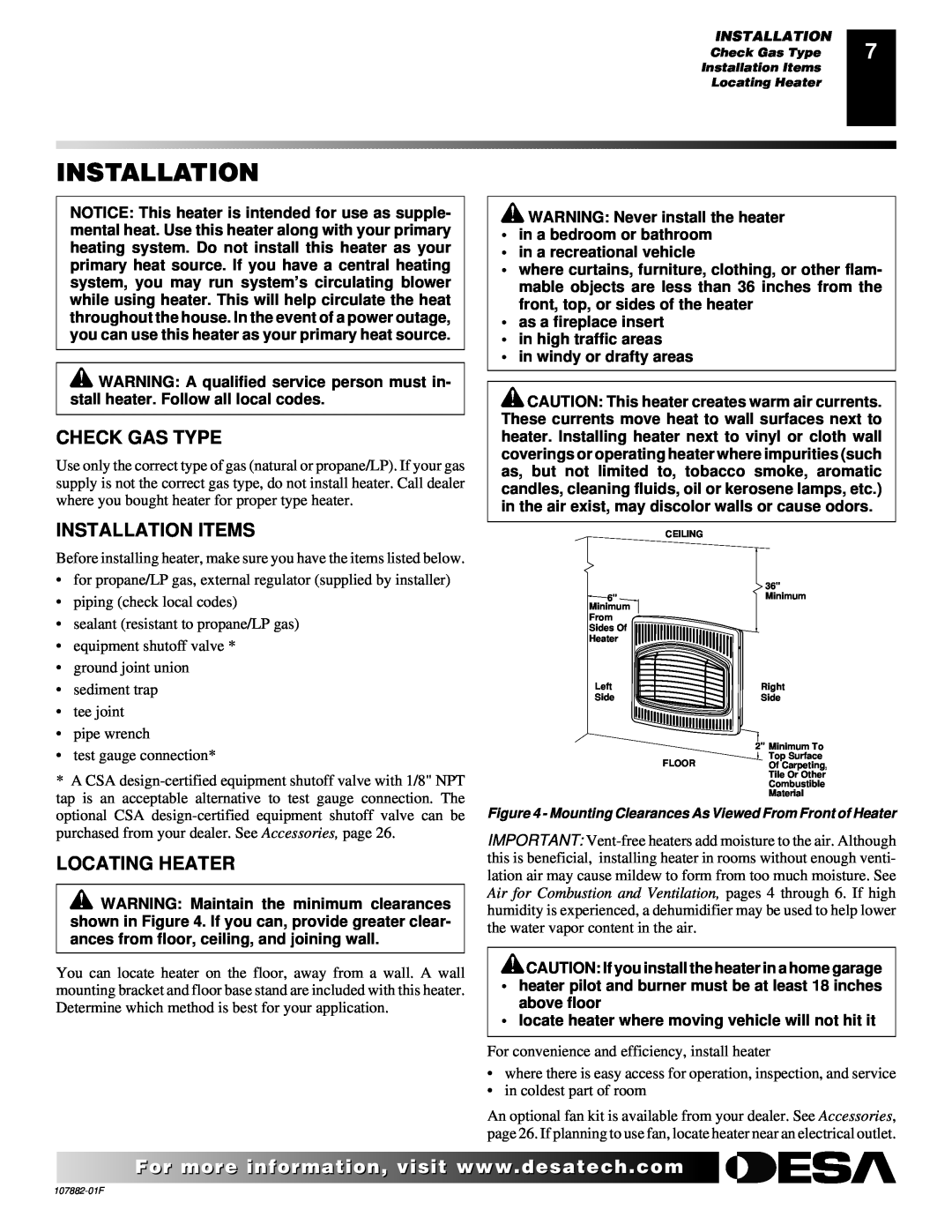 Desa CBN20 installation manual Check Gas Type, Installation Items, Locating Heater 