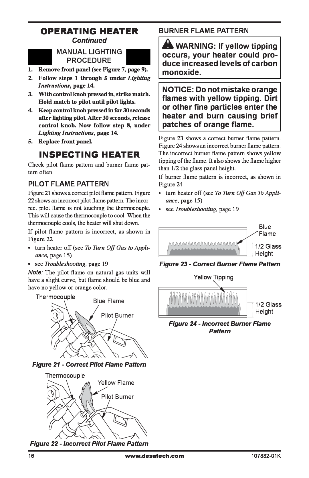 Desa CBN20TK Operating Heater, Inspecting Heater, Manual Lighting Procedure, Pilot Flame Pattern, Burner Flame Pattern 