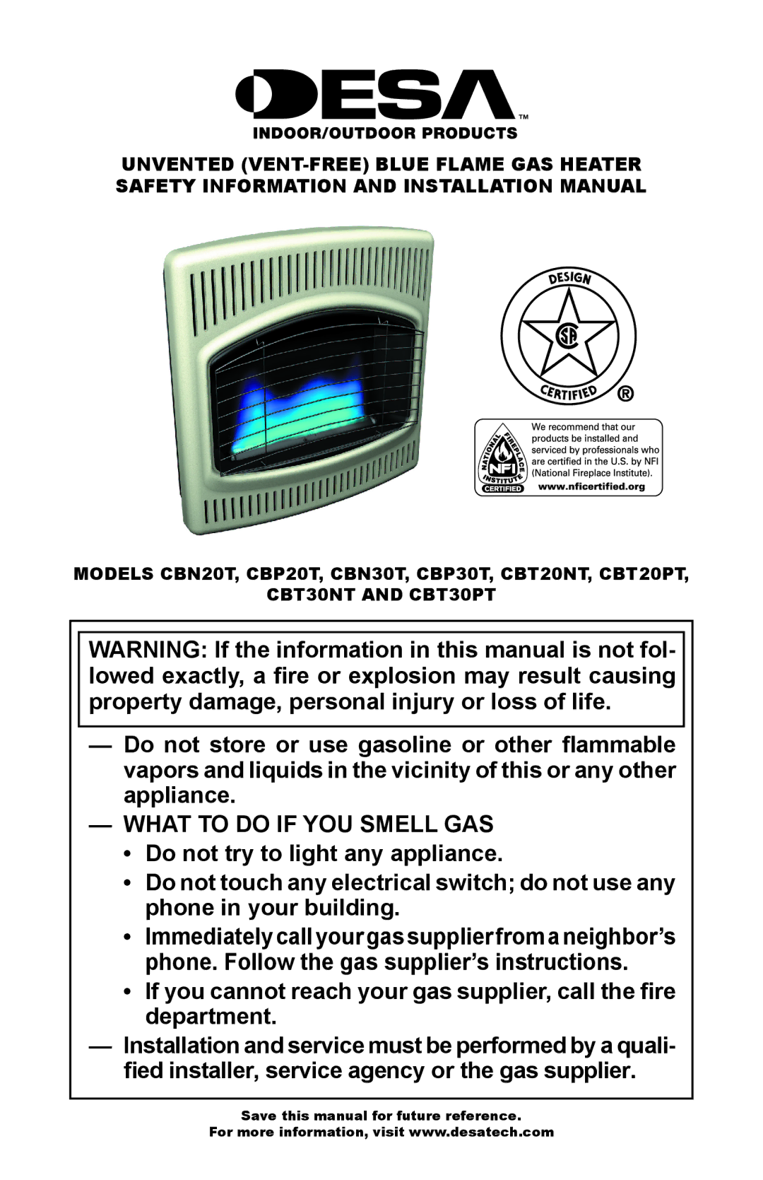 Desa CBT30NT, CBT30PT installation manual What to do if YOU Smell GAS 