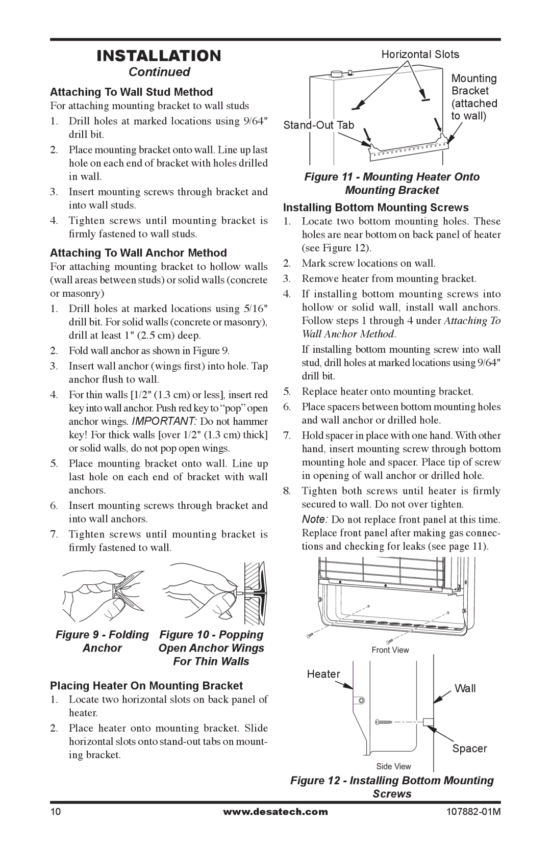 Desa CBT30NT, CBT30PT Attaching To Wall Stud Method, Attaching To Wall Anchor Method, Installing Bottom Mounting Screws 