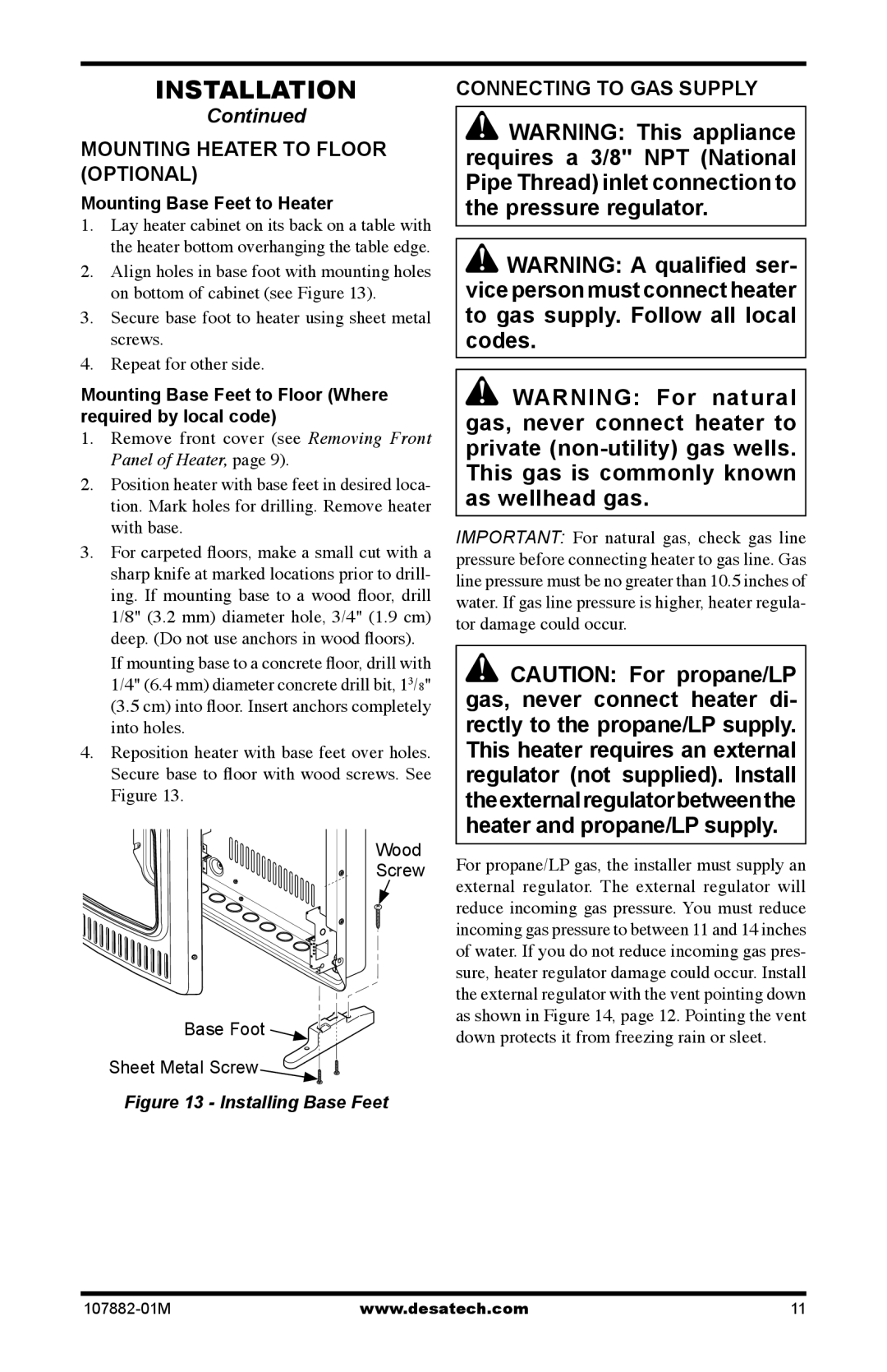 Desa CBT30NT, CBT30PT Mounting Heater to Floor Optional, Connecting to GAS Supply, Mounting Base Feet to Heater 