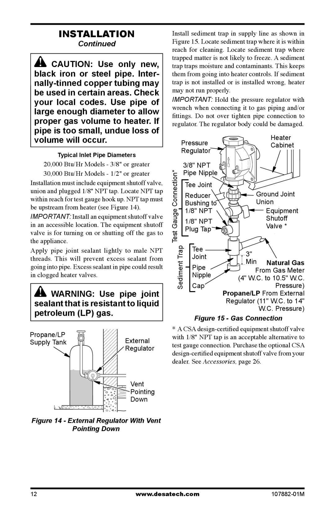 Desa CBT30NT, CBT30PT Be upstream from heater see Figure, Appliance Apply pipe joint sealant lightly to male NPT 