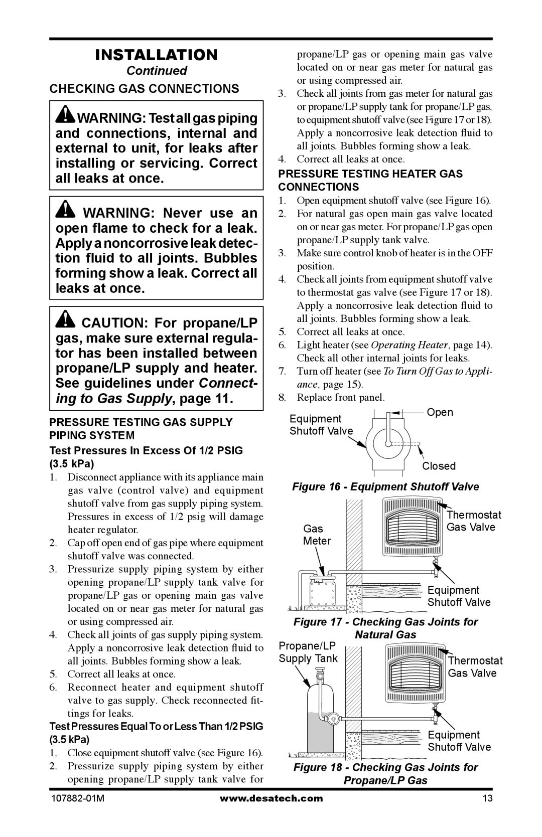 Desa CBT30NT, CBT30PT installation manual Checking GAS Connections, Test Pressures In Excess Of 1/2 Psig 3.5 kPa 