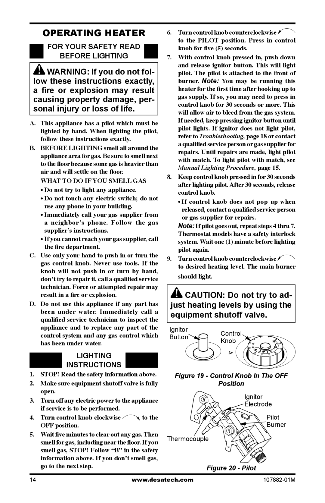 Desa CBT30NT, CBT30PT installation manual Operating Heater, For Your Safety Read Before Lighting, Lighting Instructions 