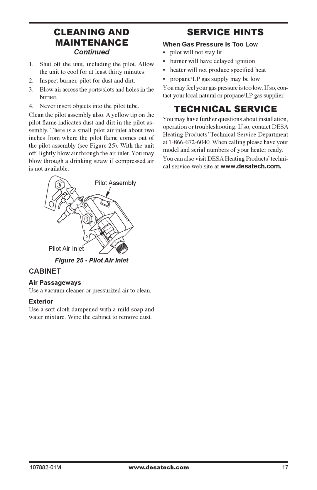 Desa CBT30NT, CBT30PT Cleaning Maintenance, Service Hints, Technical Service, Cabinet, When Gas Pressure Is Too Low 