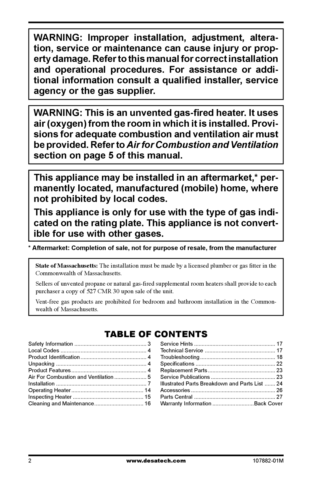 Desa CBT30NT, CBT30PT installation manual Table of Contents 