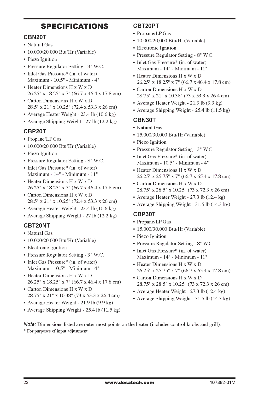 Desa CBT30NT, CBT30PT installation manual Specifications 