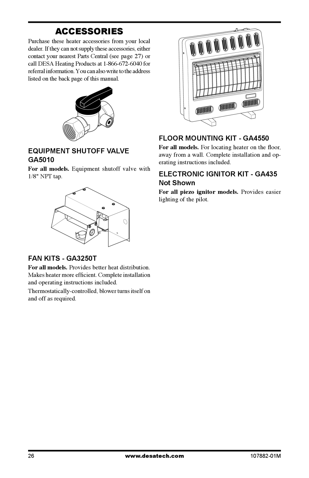 Desa CBT30NT, CBT30PT Accessories, Equipment Shutoff Valve GA5010, FAN Kits GA3250T, Floor Mounting KIT GA4550 