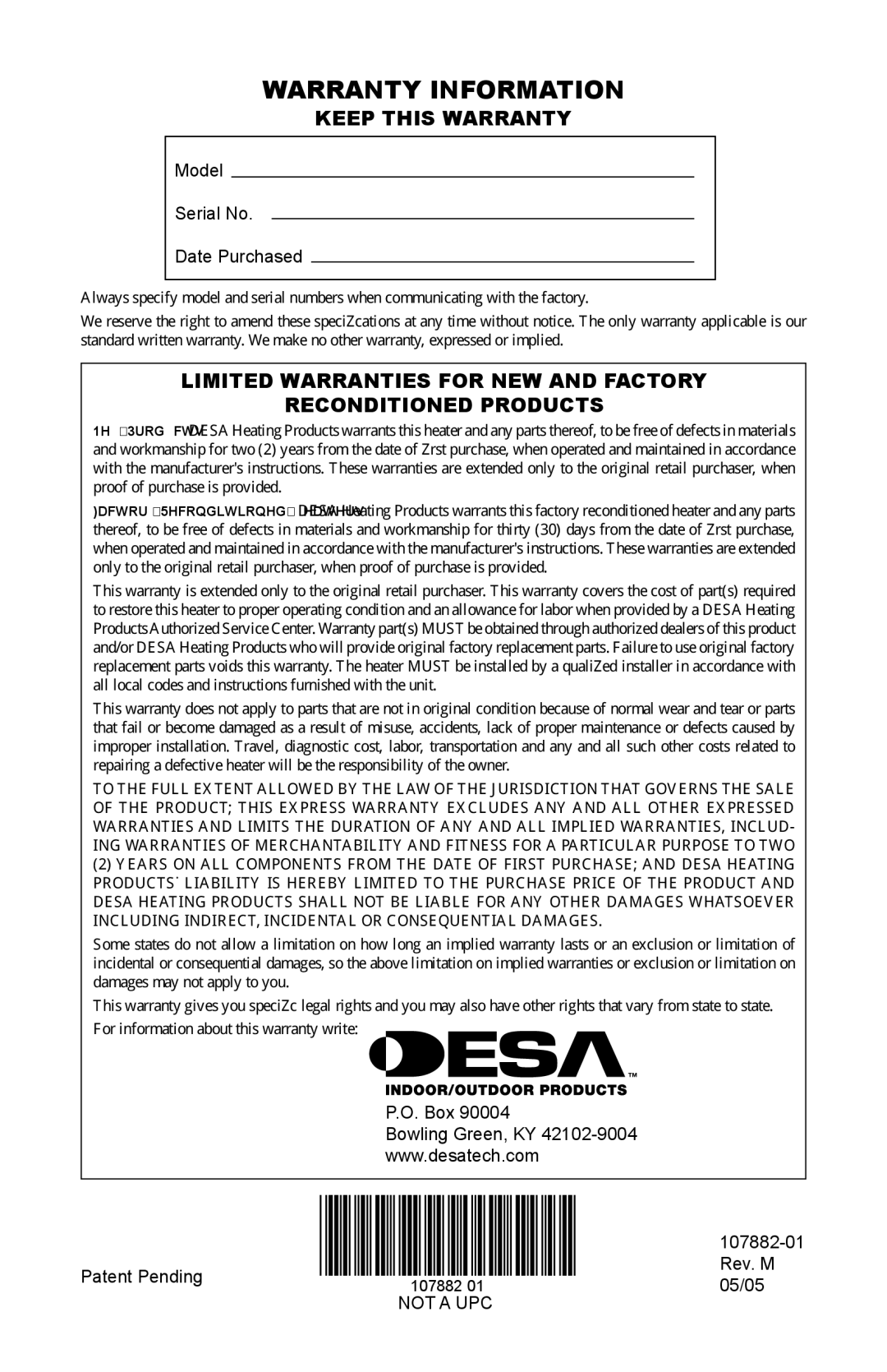 Desa CBT30NT, CBT30PT installation manual Warranty Information, Keep this Warranty 