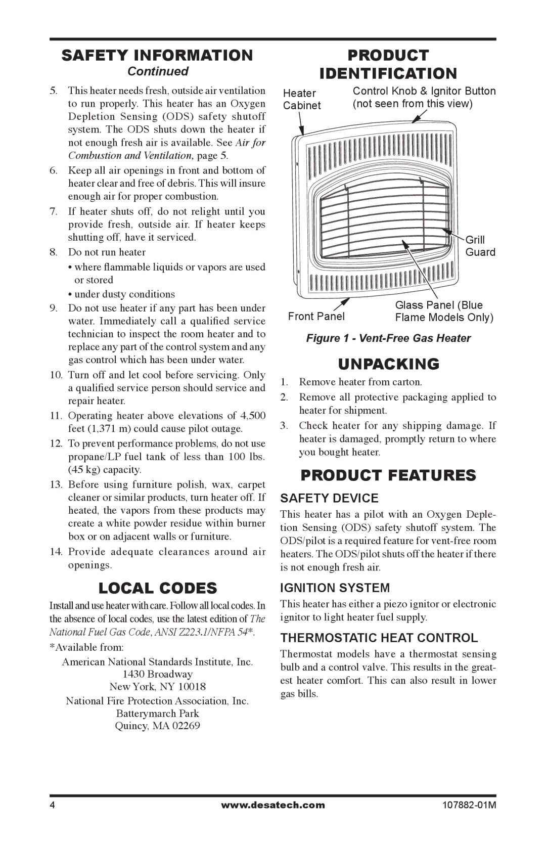 Desa CBT30NT, CBT30PT Local Codes, Product Features, Safety Device, Ignition System, Thermostatic Heat Control 