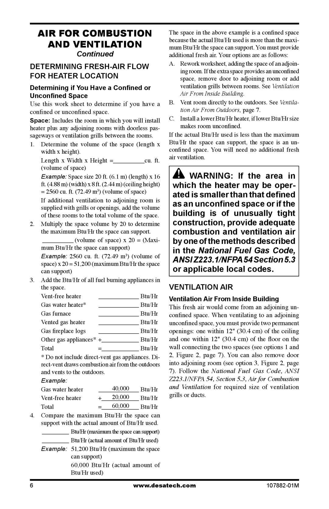 Desa CBT30NT, CBT30PT installation manual Determining FRESH-AIR Flow for Heater Location, Ventilation AIR 