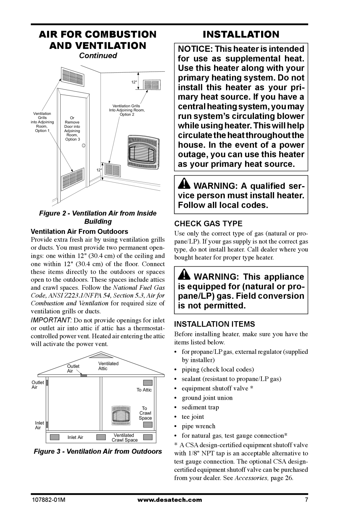 Desa CBT30NT, CBT30PT installation manual AIR for Combustion Ventilation Installation, Check GAS Type, Installation Items 