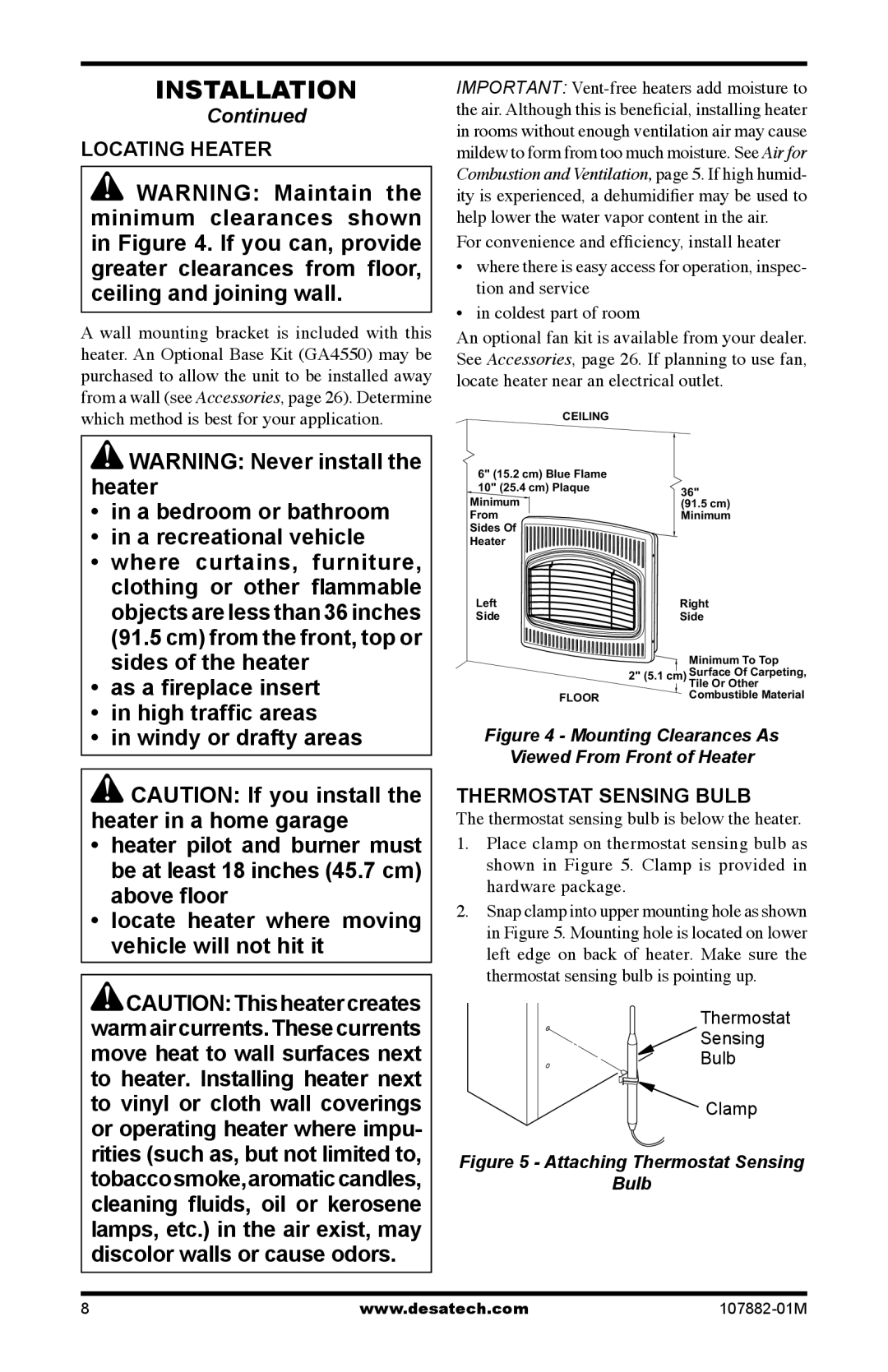 Desa CBT30NT, CBT30PT installation manual Locating Heater, Thermostat Sensing Bulb 