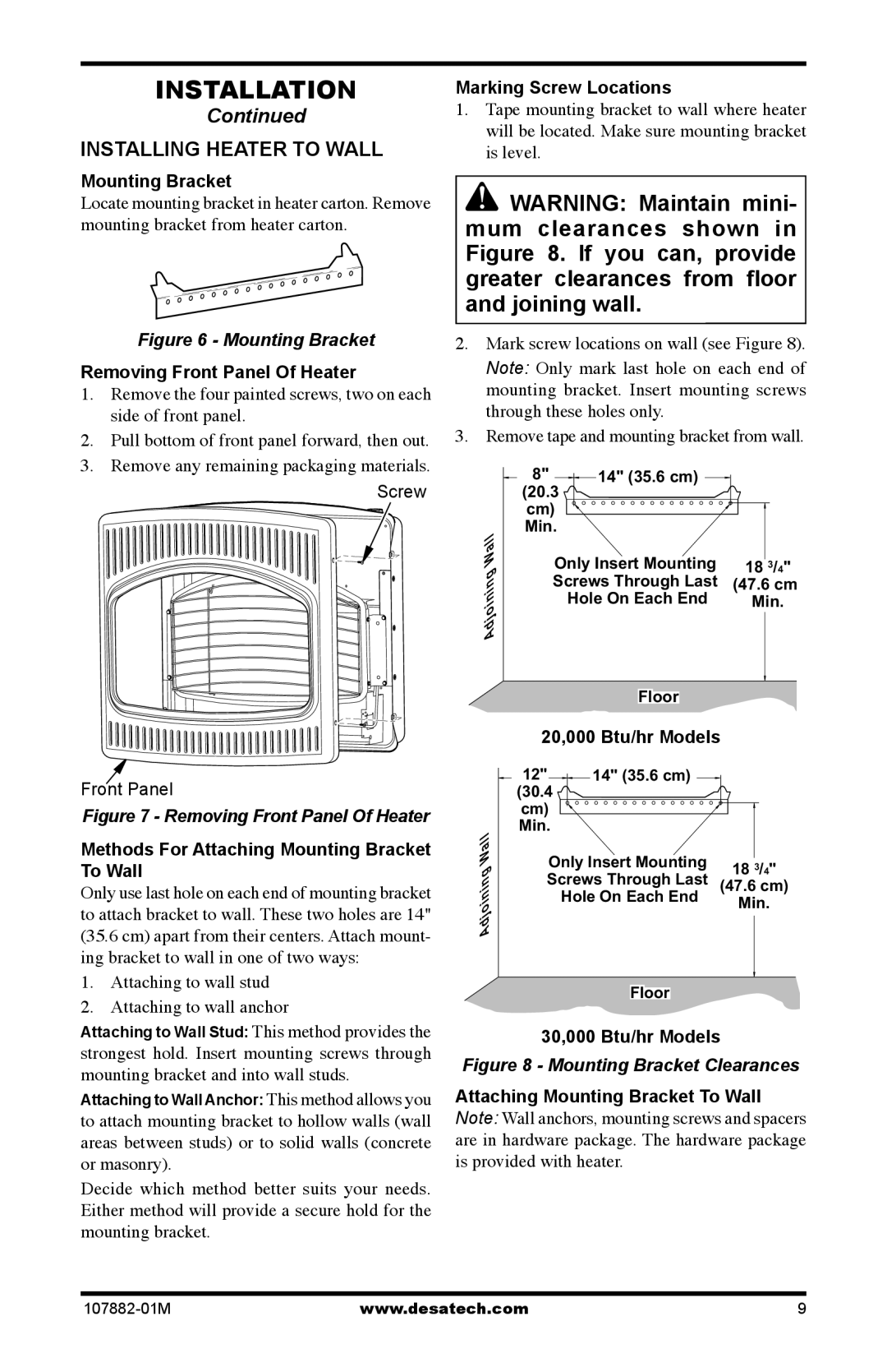 Desa CBT30NT, CBT30PT Installing Heater to Wall, Mounting Bracket, Removing Front Panel Of Heater, Marking Screw Locations 