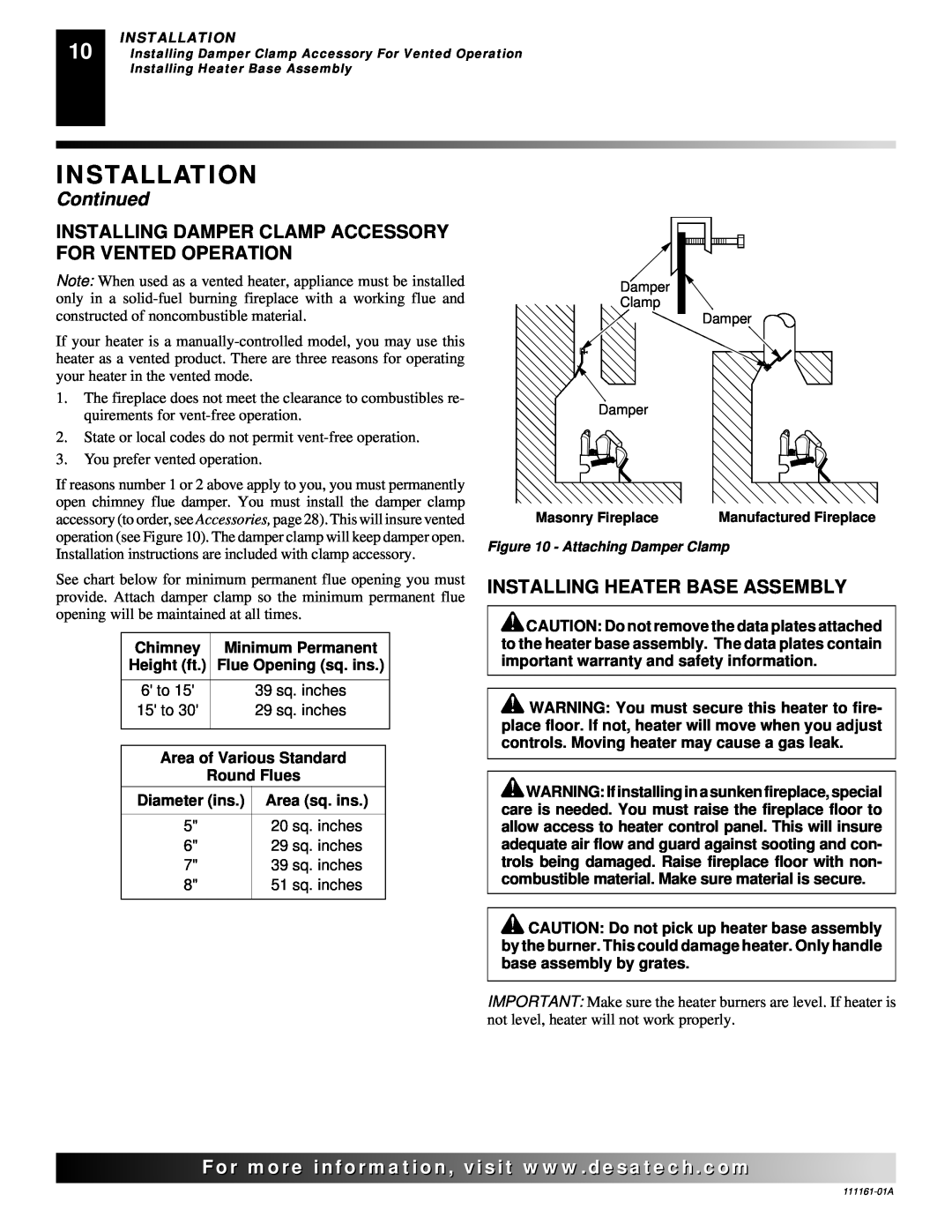 Desa CCL3018NRA, CCL3924PR Installing Heater Base Assembly, Installation, Continued, Chimney, Minimum Permanent, Height ft 