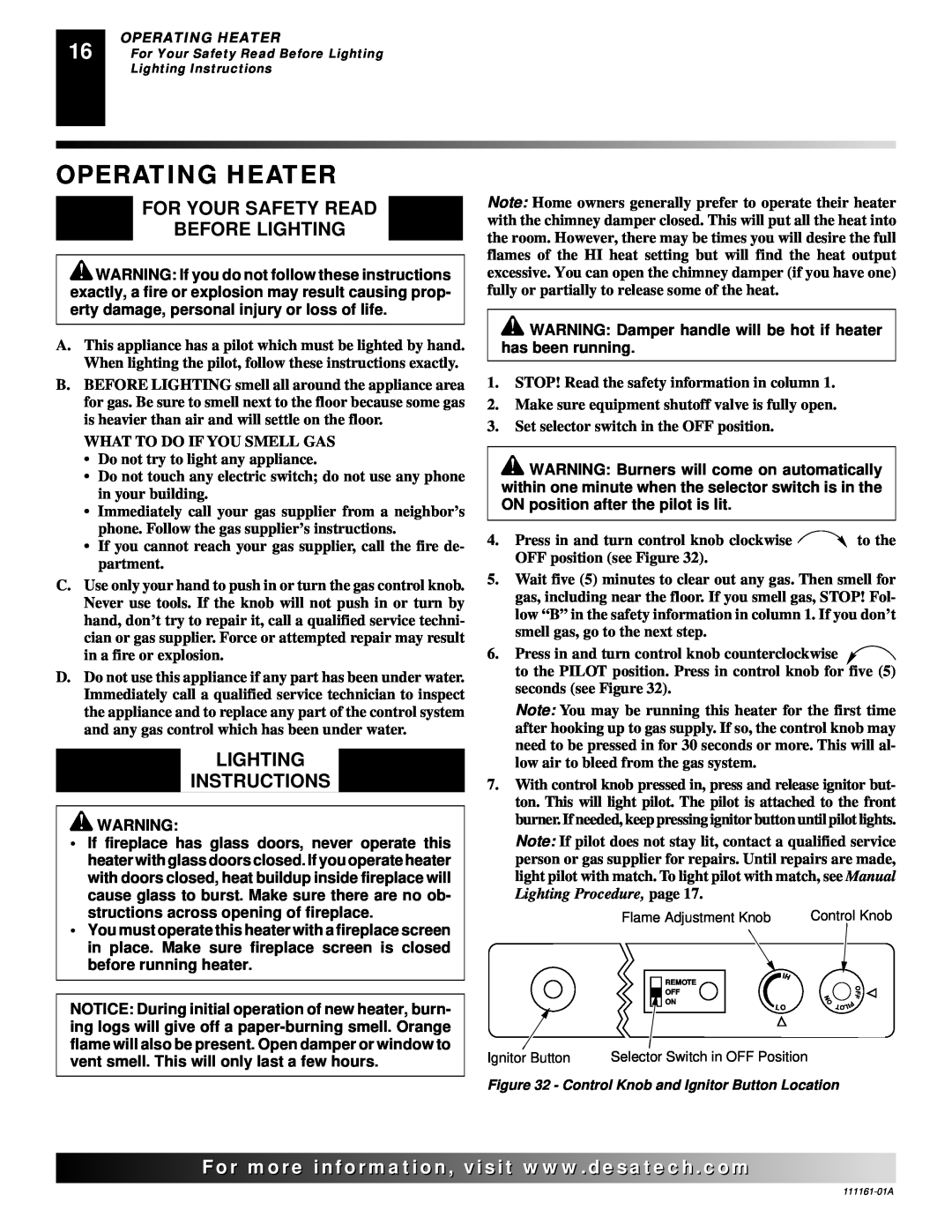 Desa CCL3018NRA, CCL3930PRA, CCL3924NRA Operating Heater, For Your Safety Read Before Lighting, Lighting Instructions 