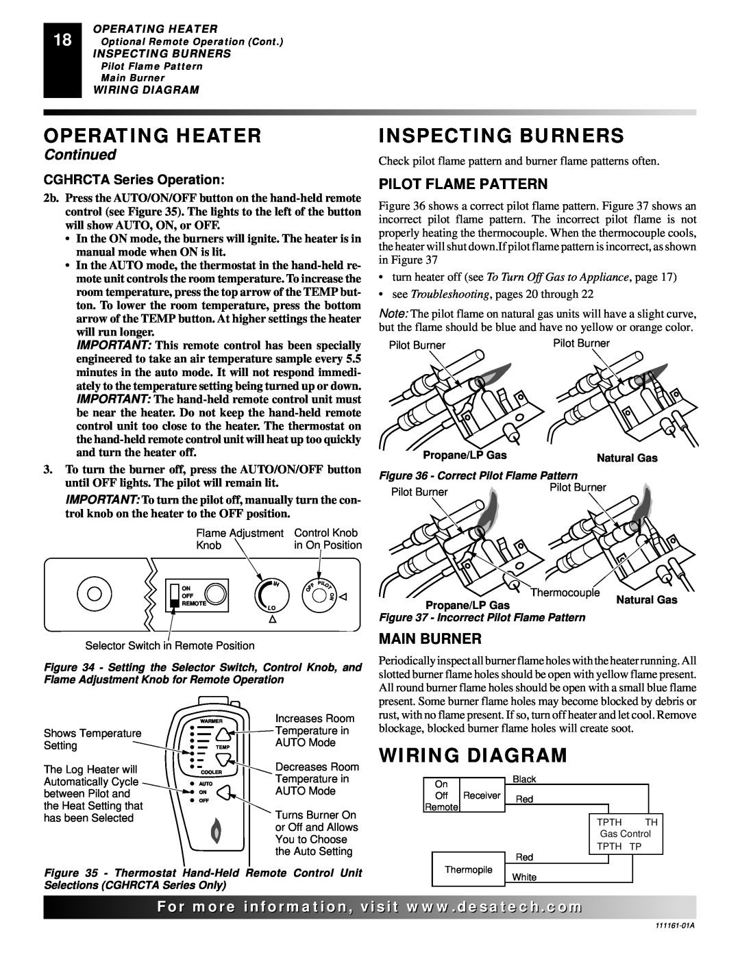 Desa CCL3018PRA Inspecting Burners, Wiring Diagram, Pilot Flame Pattern, Main Burner, CGHRCTA Series Operation, Continued 
