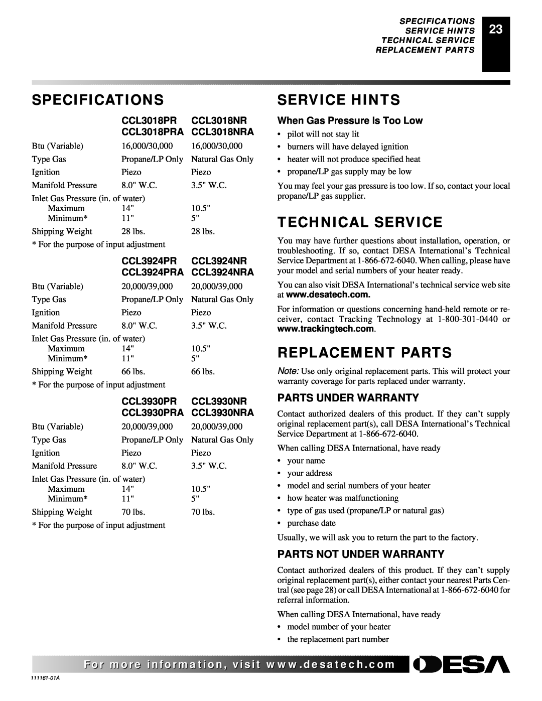 Desa CCL3924NRA Specifications, Service Hints, Technical Service, Replacement Parts, Parts Under Warranty, CCL3018PR 