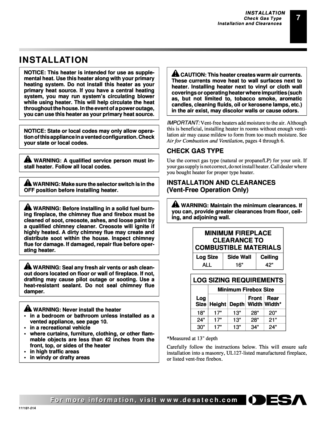 Desa CCL3924PRA, CCL3018NRA, CCL3930PRA Installation, Check Gas Type, Minimum Fireplace Clearance To, Combustible Materials 