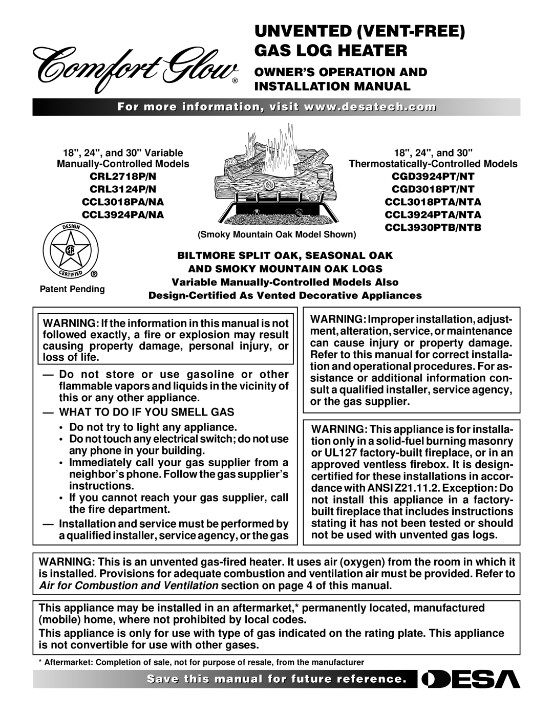 Desa CCL3930NTB installation manual What to do if YOU Smell GAS, 18, 24, and 30 Variable, CRL2718P/N, CRL3124P/N 