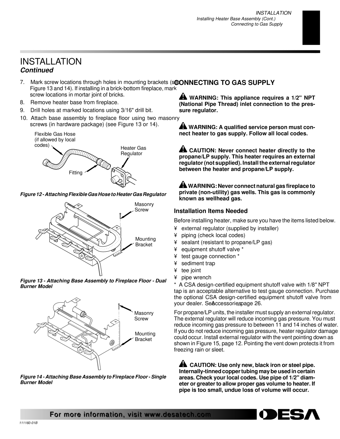 Desa CCL3930NTB, CCL3018PTA, CCL3930PTB Connecting to GAS Supply, Attaching Flexible Gas Hose to Heater Gas Regulator 