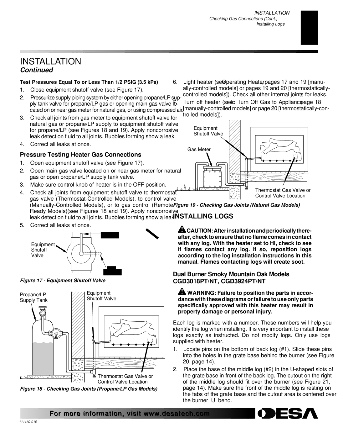 Desa CCL3924NA, CCL3018PTA, CCL3930NTB, CCL3930PTB, CCL3924PTA Installing Logs, Pressure Testing Heater Gas Connections 