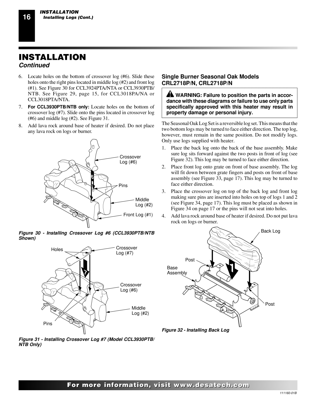 Desa CCL3924PA Single Burner Seasonal Oak Models CRL2718P/N, CRL2718P/N, Installing Crossover Log #6 CCL3930PTB/NTB Shown 