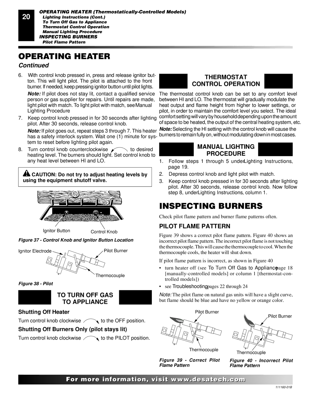 Desa CCL3018PTA Inspecting Burners, To Turn OFF GAS To Appliance, Thermostat Control Operation, Pilot Flame Pattern 